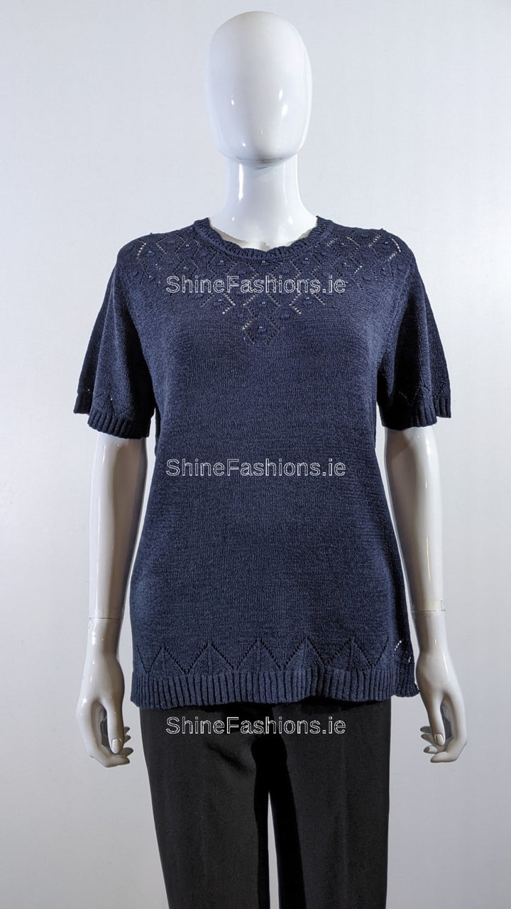 Navy Beaded Soft Touch Short Sleeve Jumper