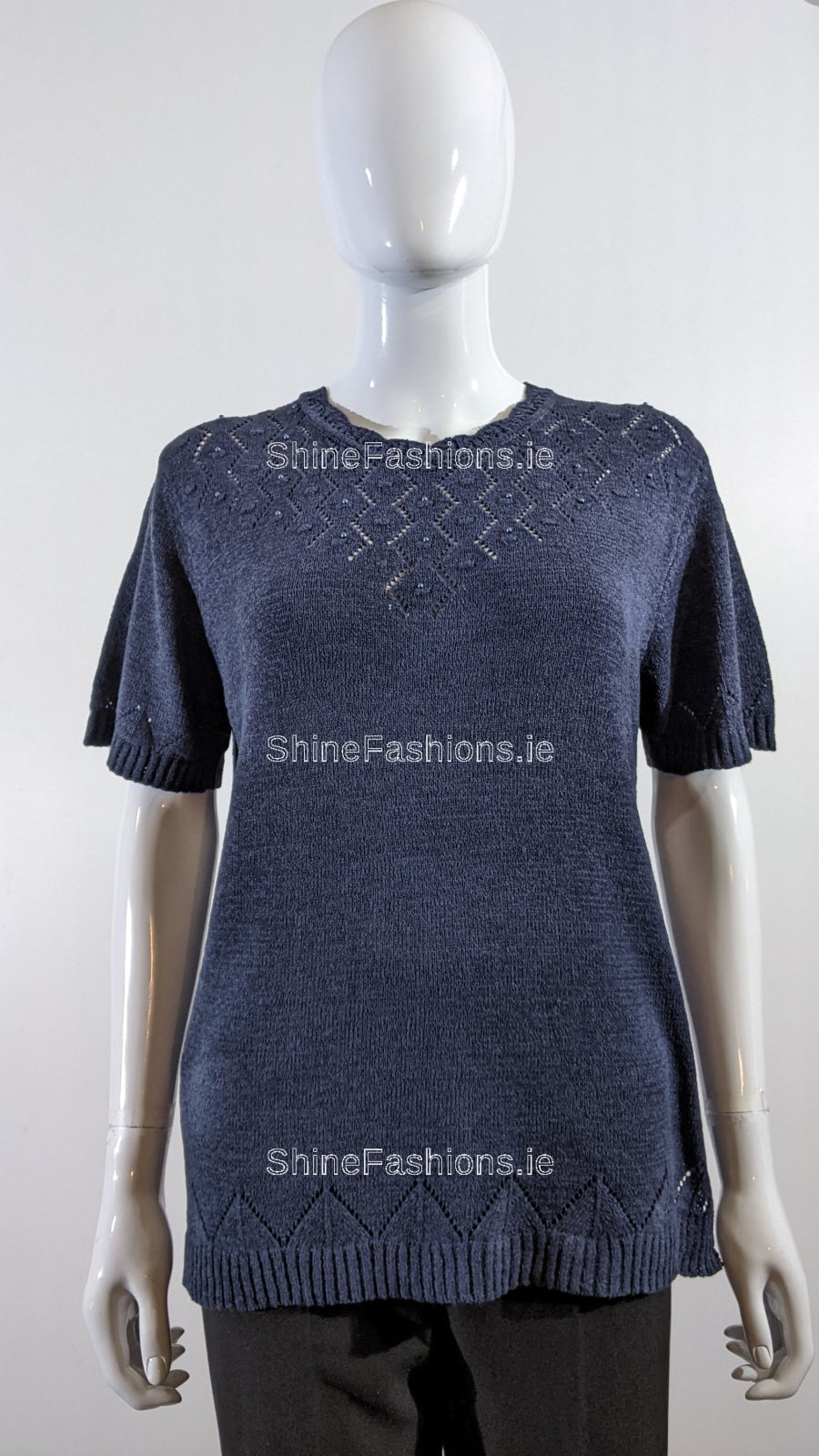 Navy Beaded Soft Touch Short Sleeve Jumper