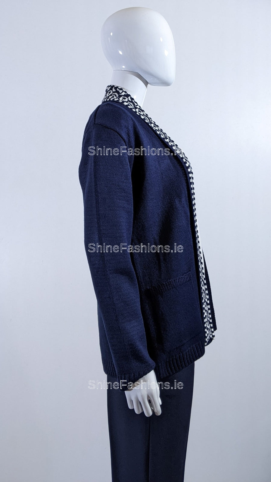 Navy Pattern Open Cardigan with Pockets