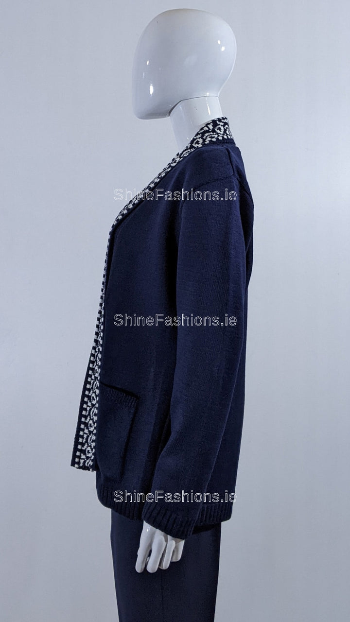 Navy Pattern Open Cardigan with Pockets