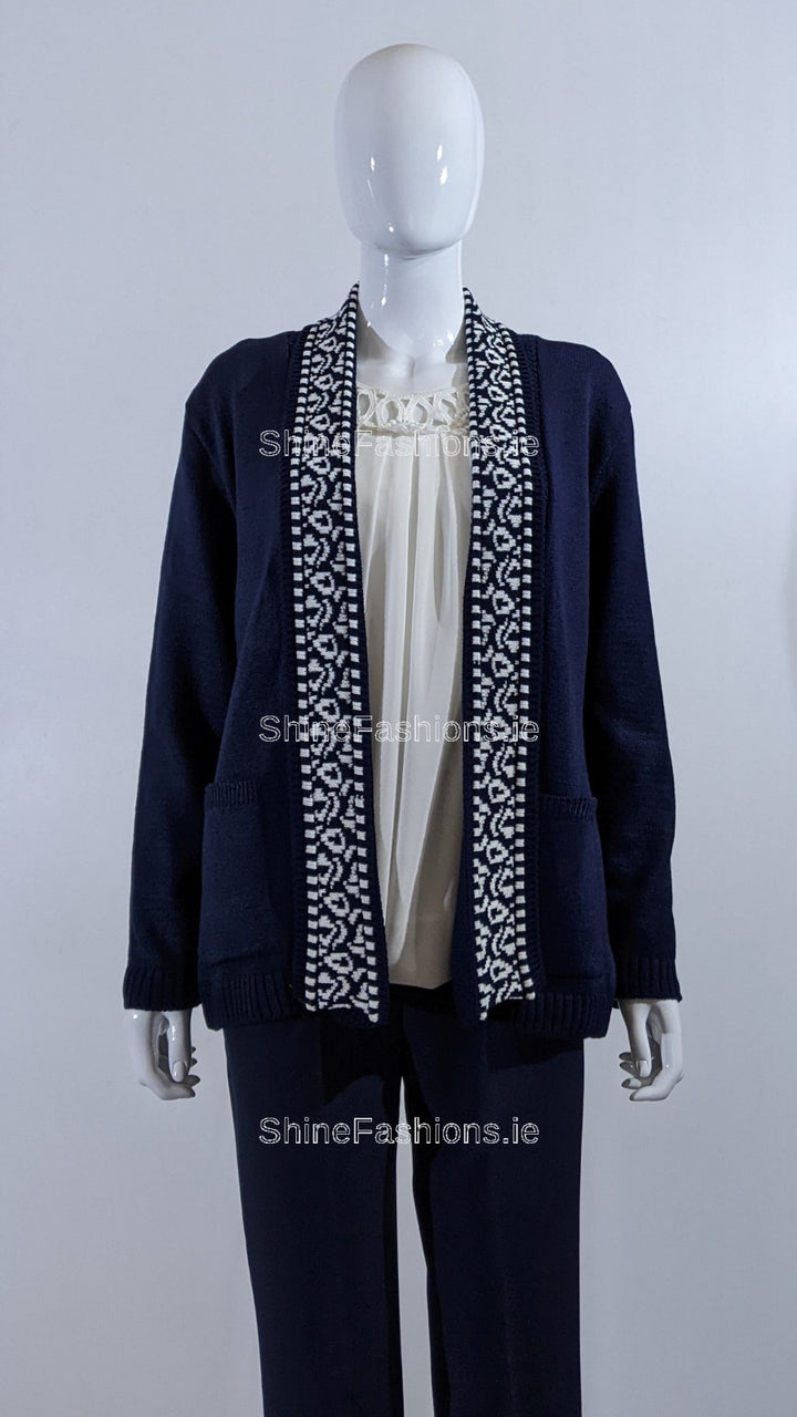 Navy Pattern Open Cardigan with Pockets