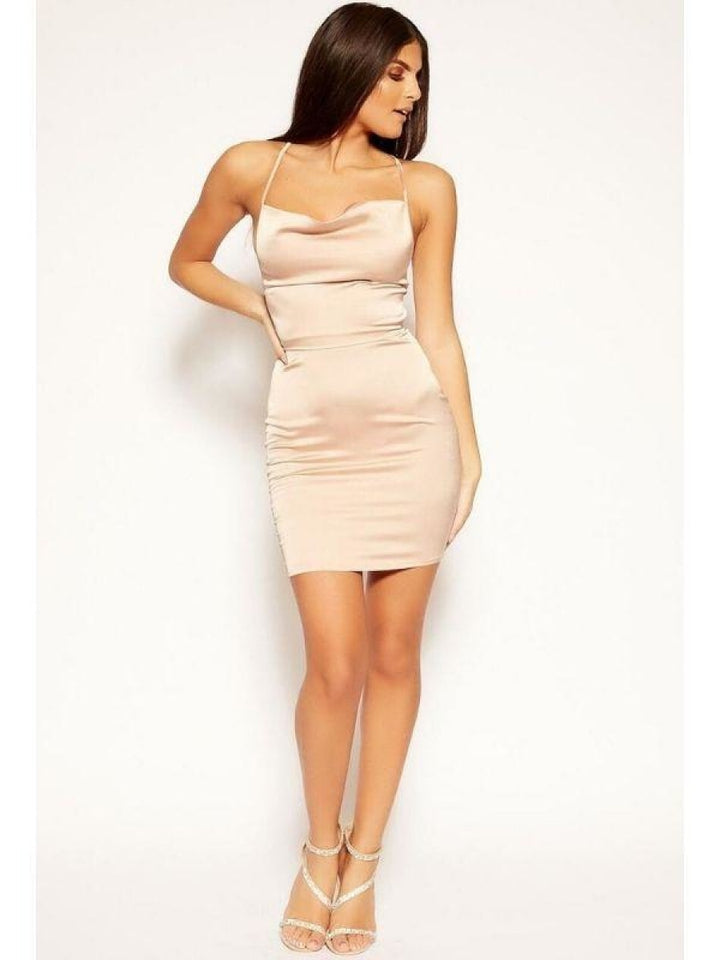 Nude Cowl Neck Bodycon Satin Mini Dress