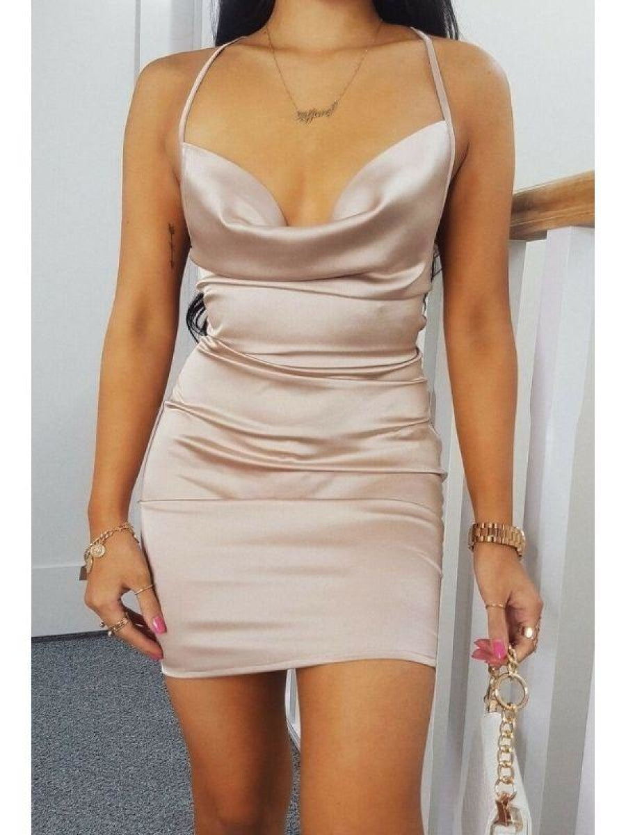 Nude Cowl Neck Bodycon Satin Mini Dress