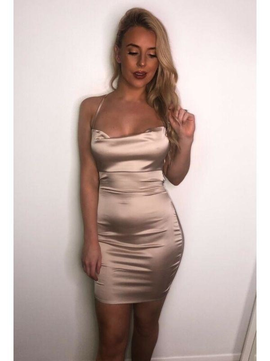 Nude Cowl Neck Bodycon Satin Mini Dress