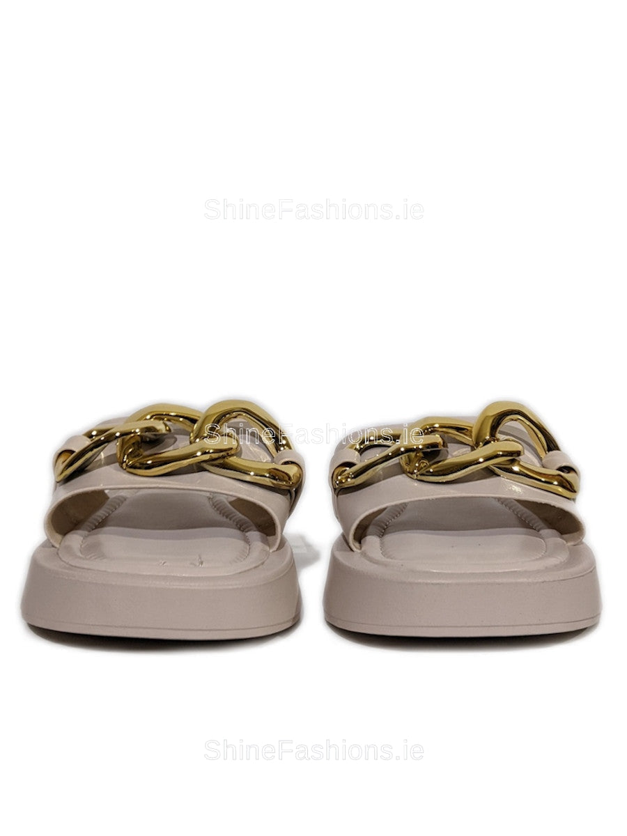 Nude Thick Sole Platform Sliders with Gold Buckle 