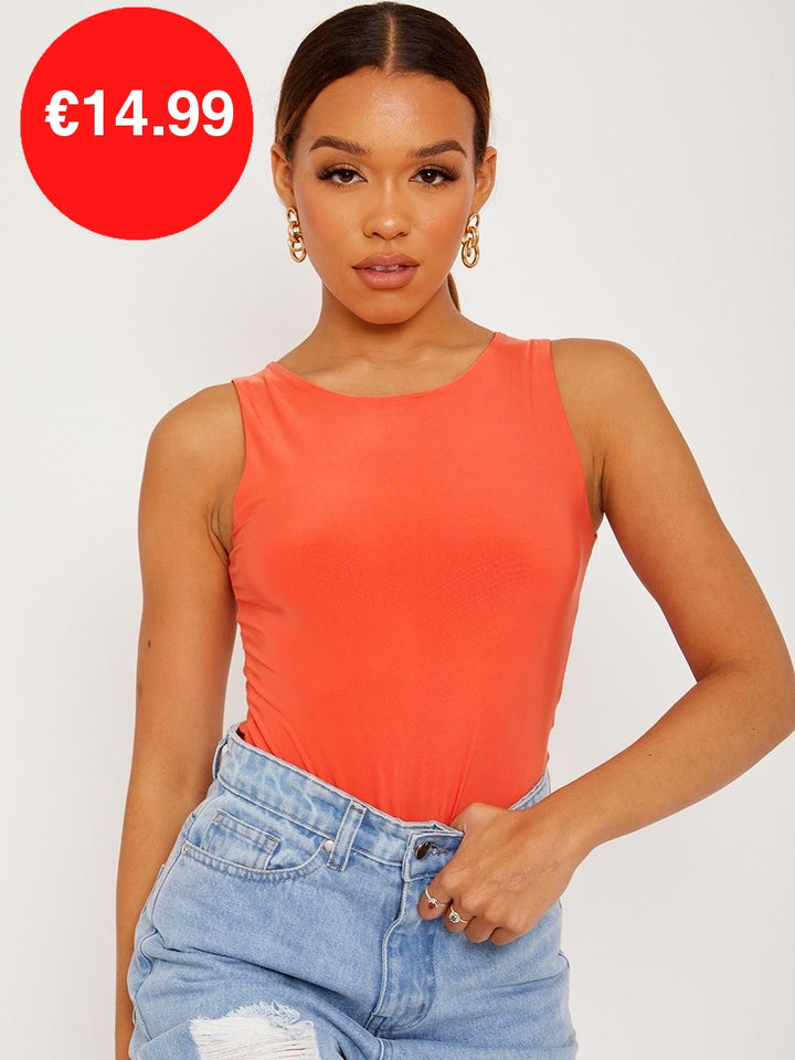 Orange Racer Back Sleeveless Slinky Bodysuit