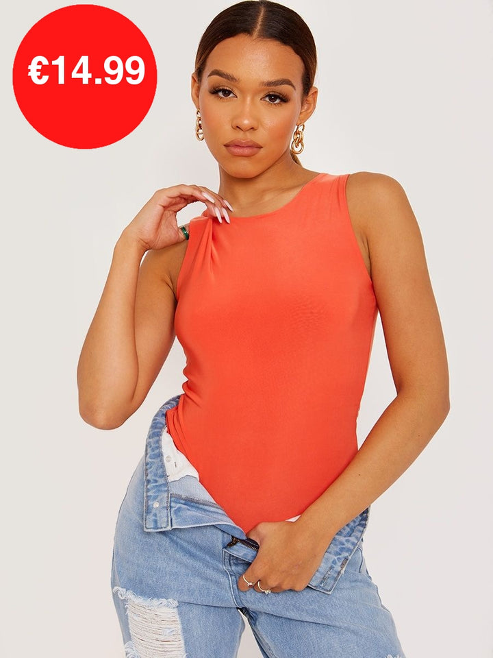 Orange Racer Back Sleeveless Slinky Bodysuit