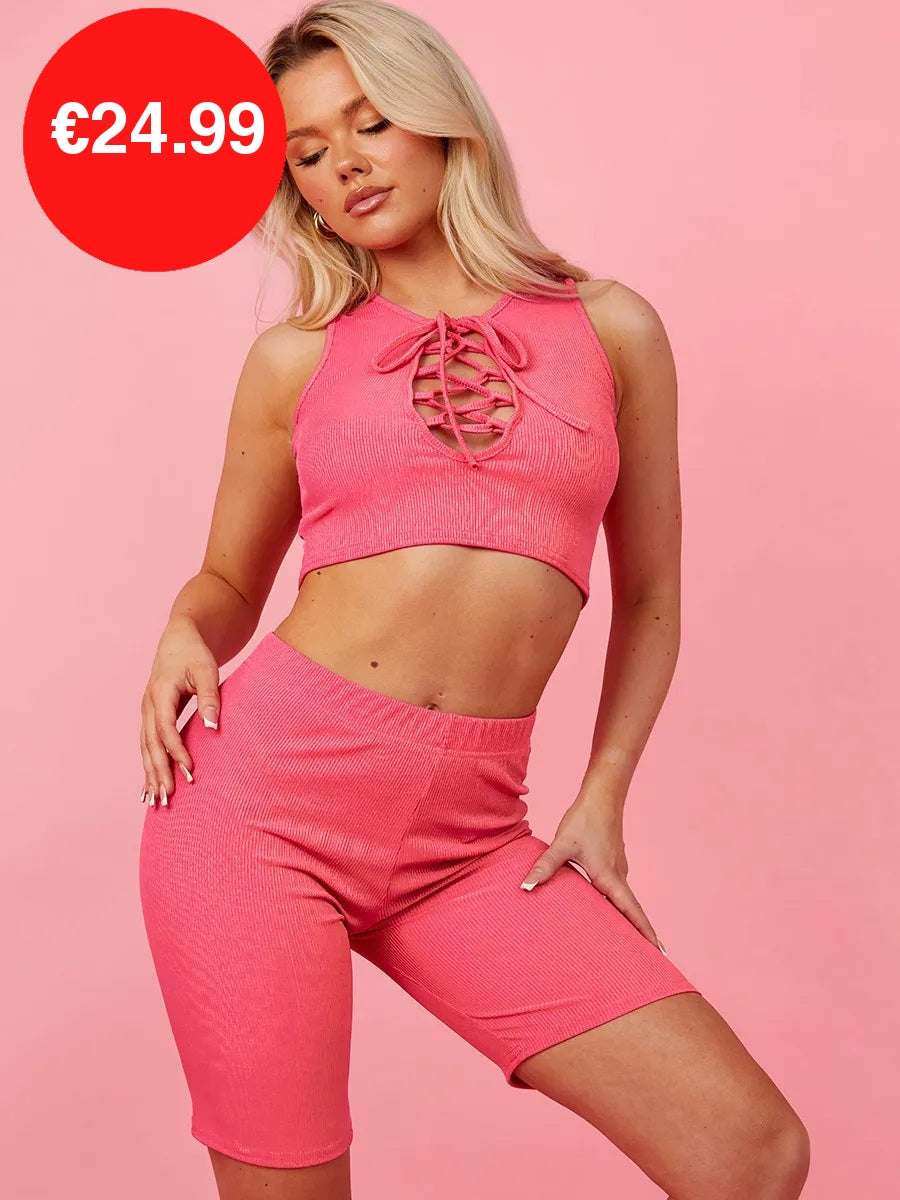 Pink Lace Up Plunge Neck Crop Top & Shorts Co-Ord Set