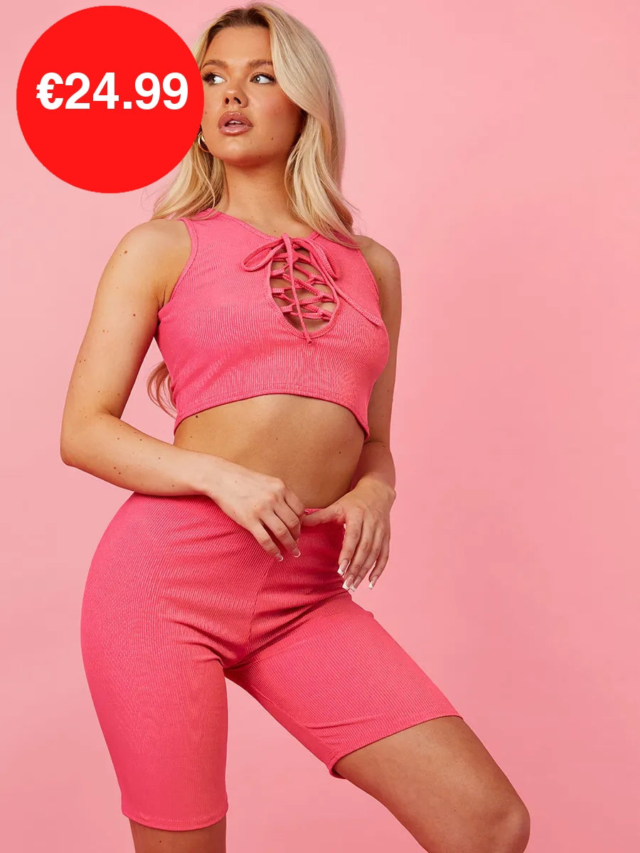 Pink Lace Up Plunge Neck Crop Top & Shorts Co-Ord Set