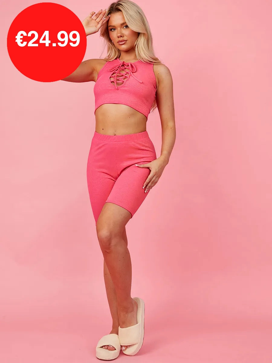 Pink Lace Up Plunge Neck Crop Top & Shorts Co-Ord Set