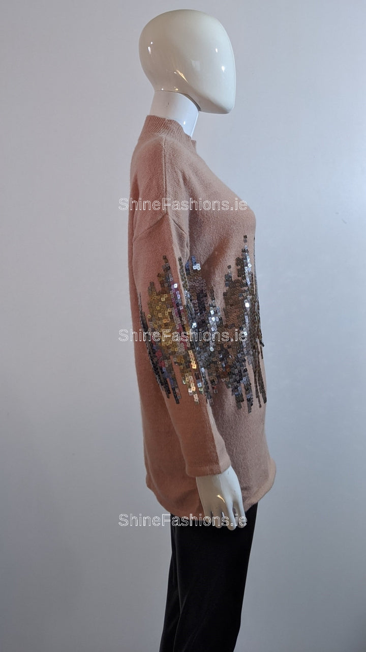 Pink Oversized Sequin High Neck Jumper