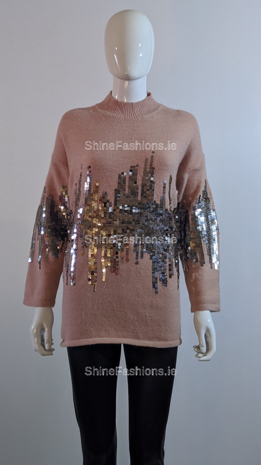 Pink Oversized Sequin High Neck Jumper