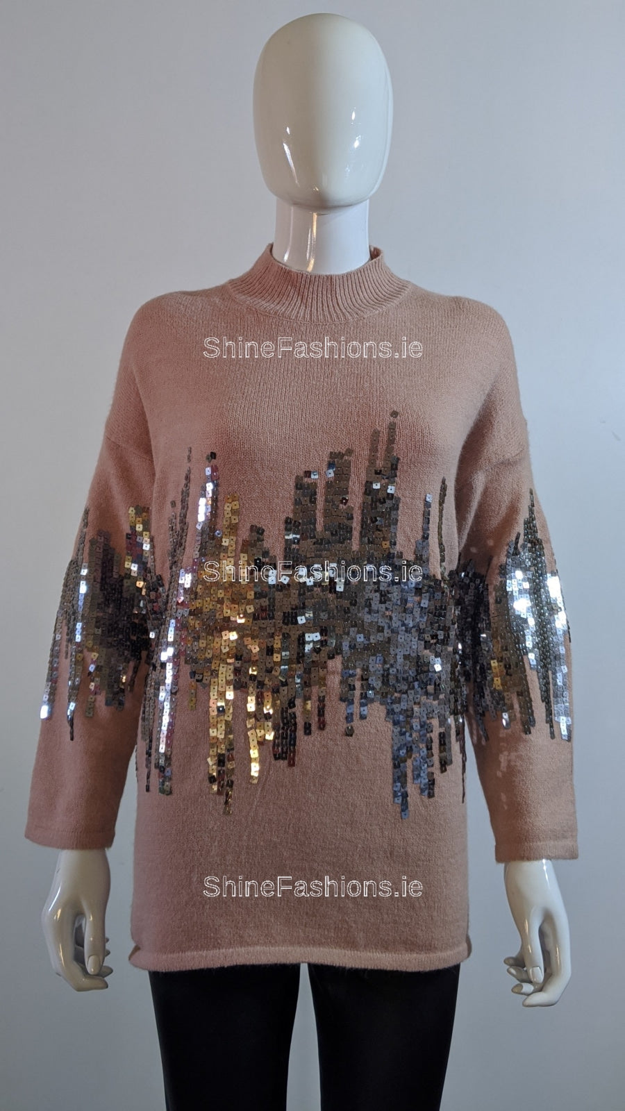 Pink Oversized Sequin High Neck Jumper