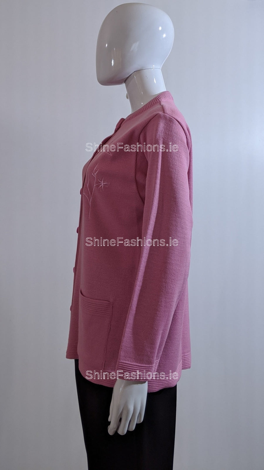 Pink Round Neck Button Pocket Cardigan