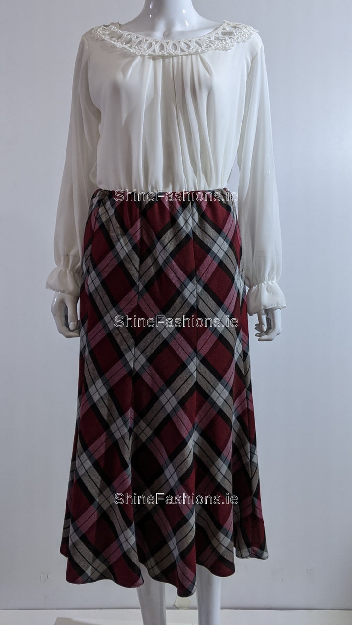 Red Elasticated Lined A-Line Checked Tartan Skirt