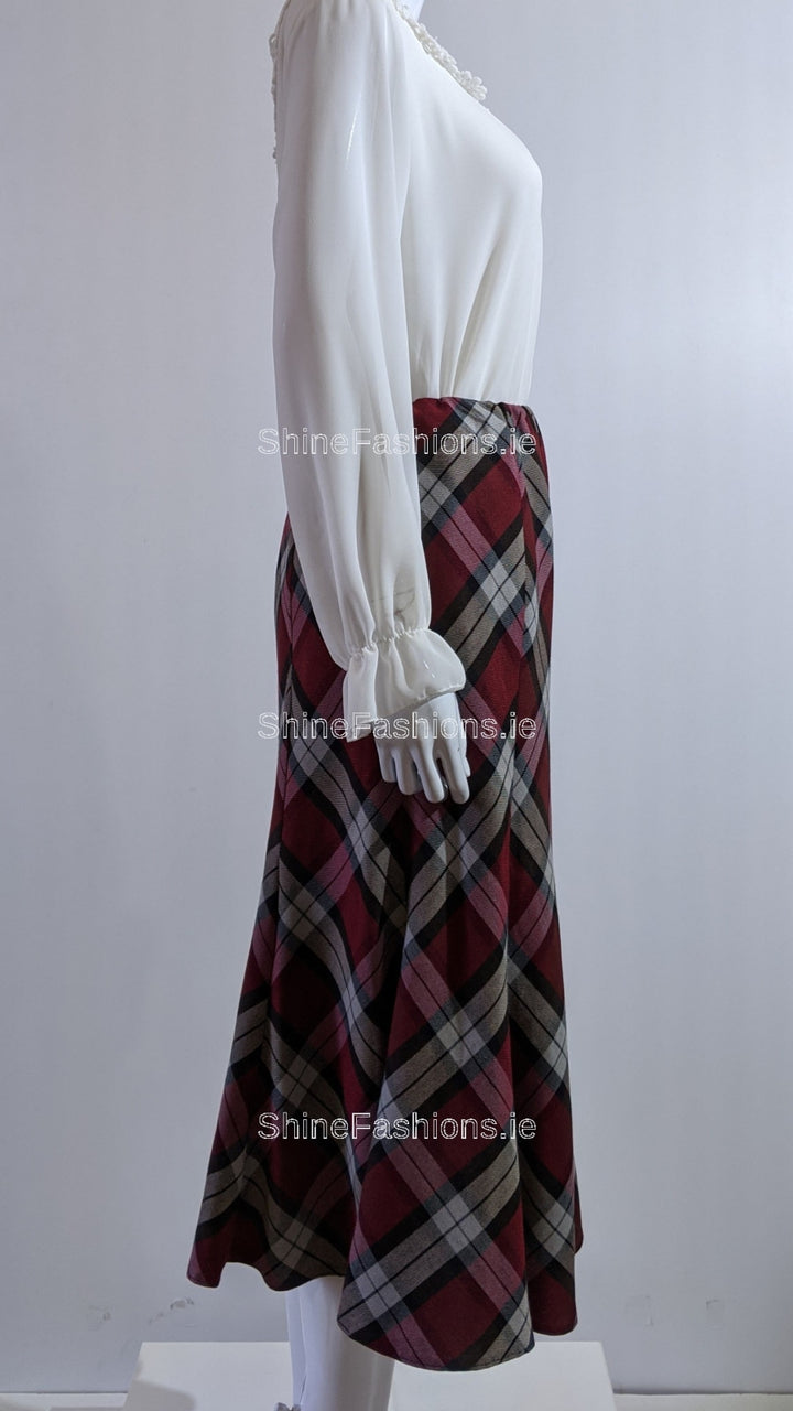 Red Elasticated Lined A-Line Checked Tartan Skirt