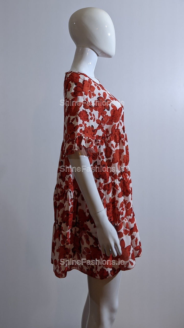 Red Floral Print Tiered Smock Dress