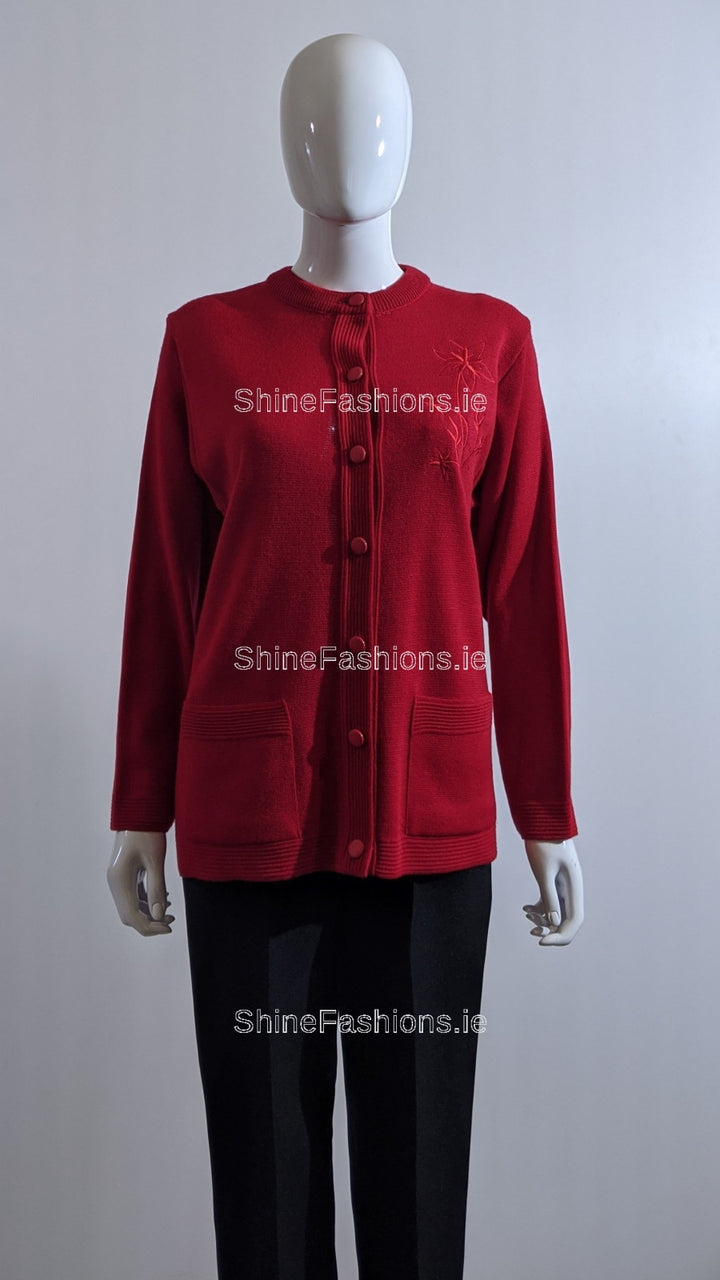 Red Round Neck Button Cardigan