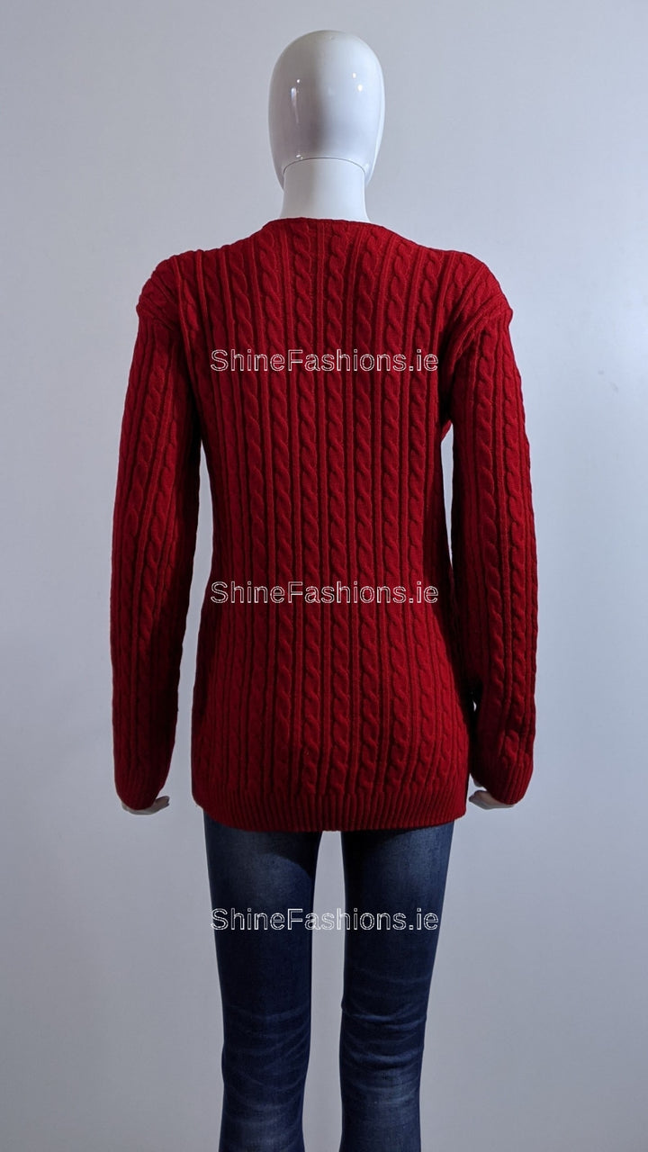 Red V-Neck Cable Knit Jumper