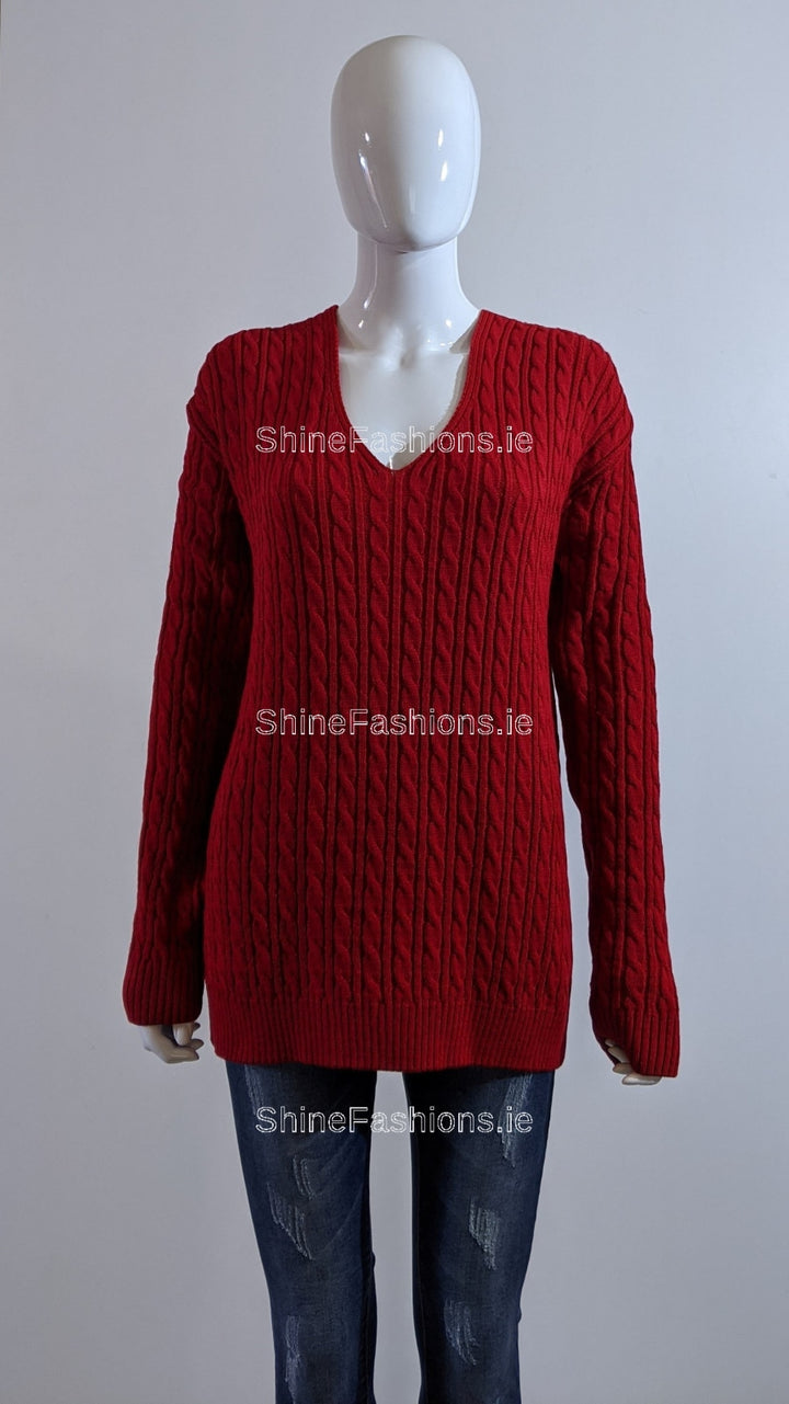 Red V-Neck Cable Knit Jumper