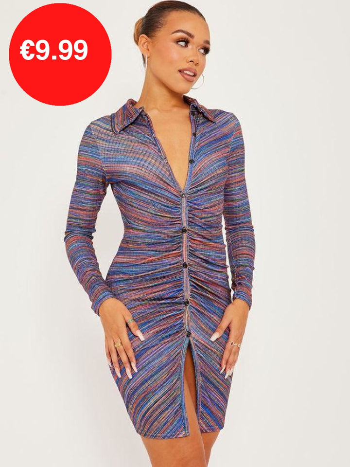 Royal Blue Multi Coloured Button Fasten Ruched Dress