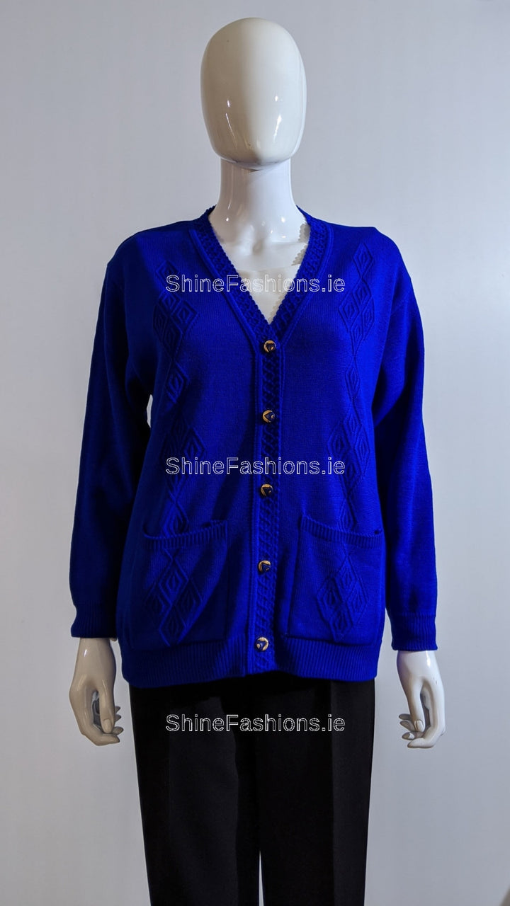 Royal Blue V-Neck Diamond Design Cardigan with Pockets