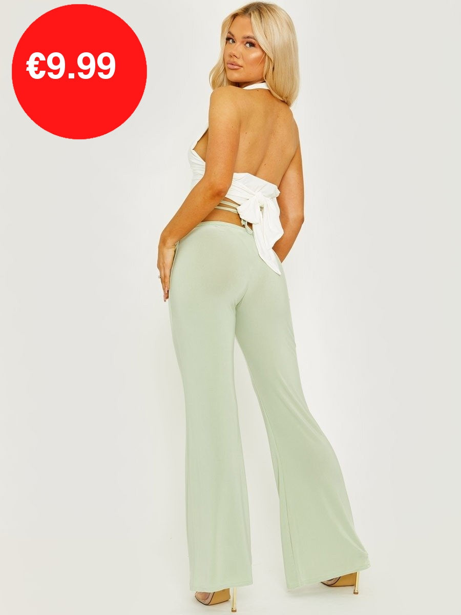 Sage Green Slinky Ruched Tie Waist Wide Leg Flare Trousers