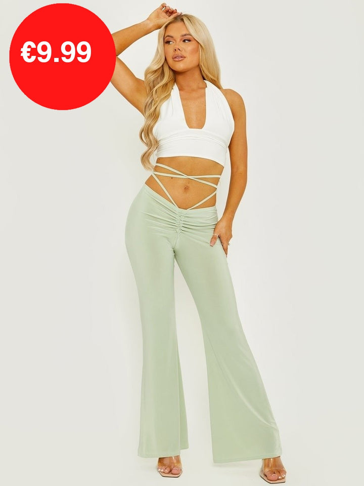 Sage Green Slinky Ruched Tie Waist Wide Leg Flare Trousers