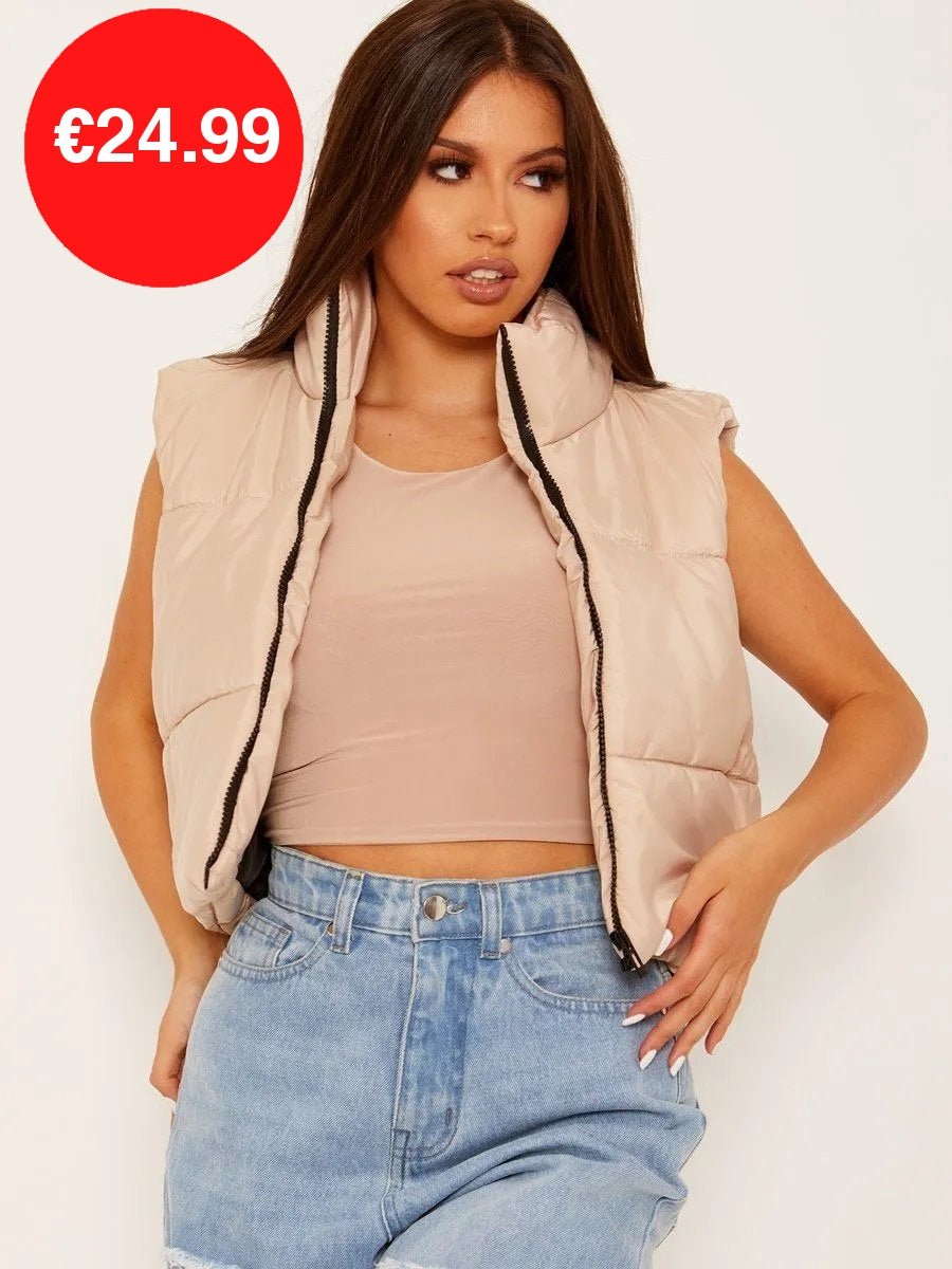 Stone Padded Puffer Cropped Gilet