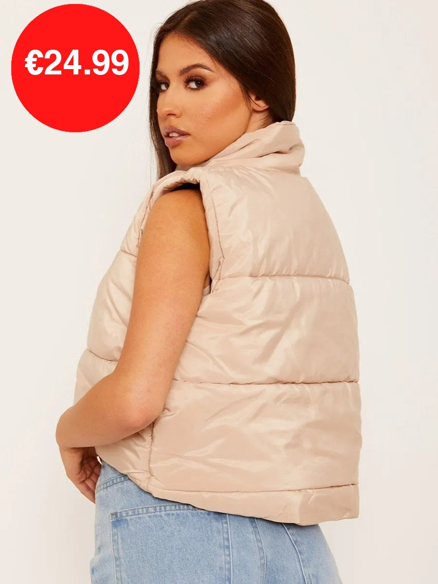 Stone Padded Puffer Cropped Gilet