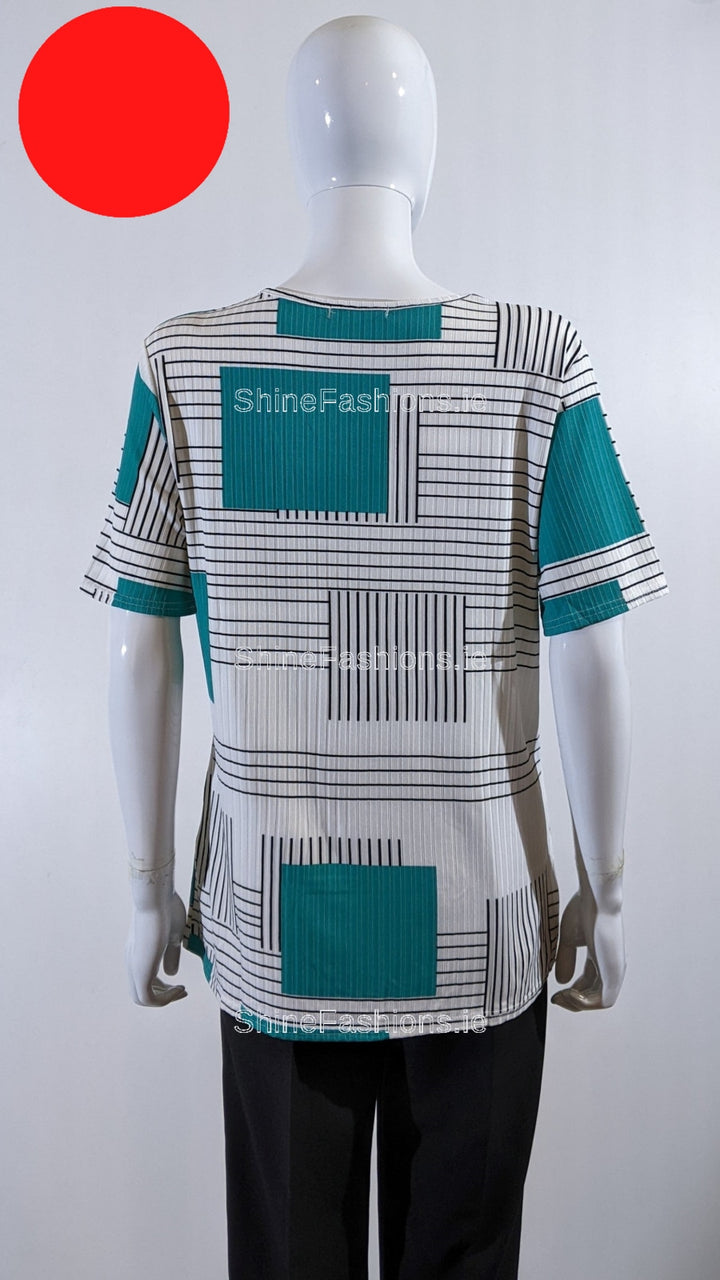 Teal Block Pattern Stripe Short Sleeve Top