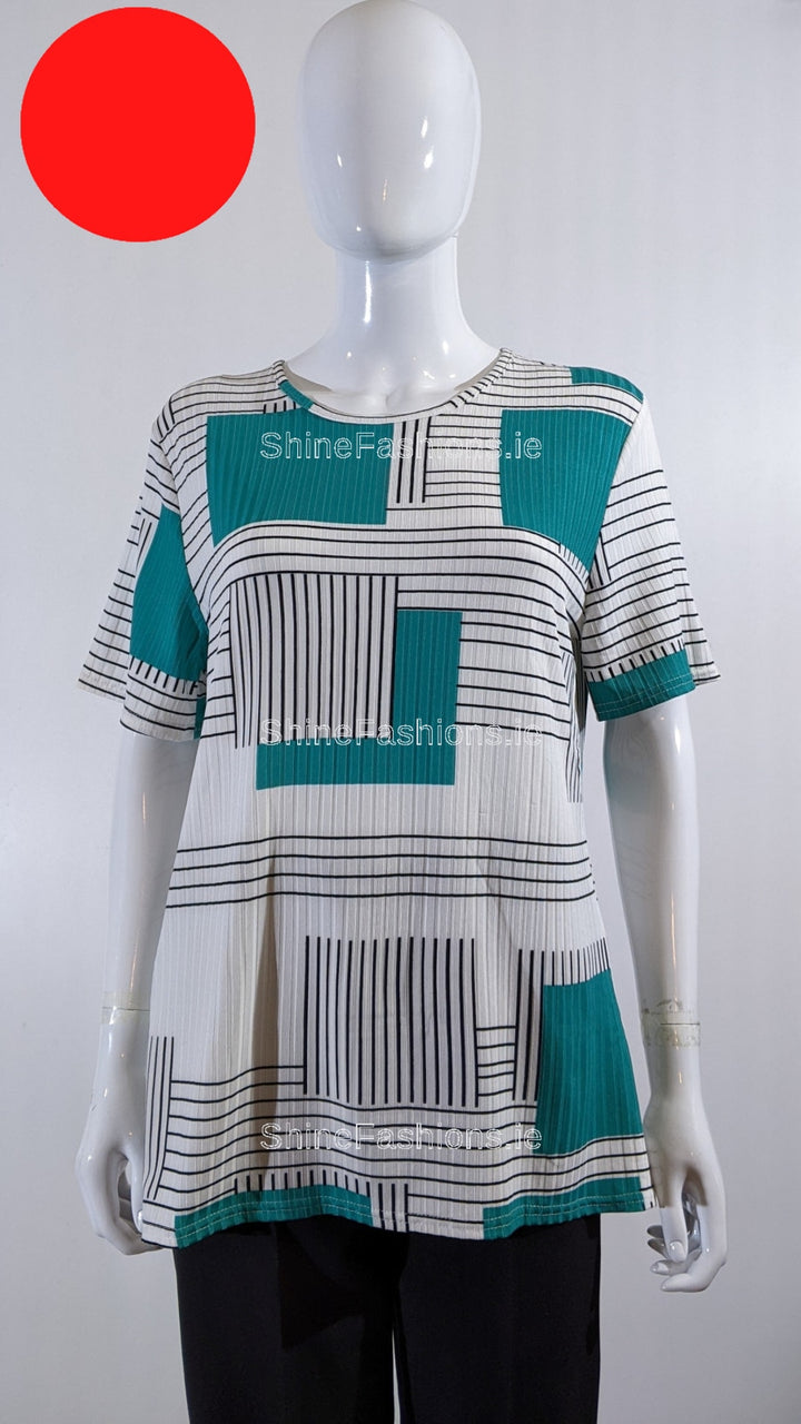 Teal Block Pattern Stripe Short Sleeve Top