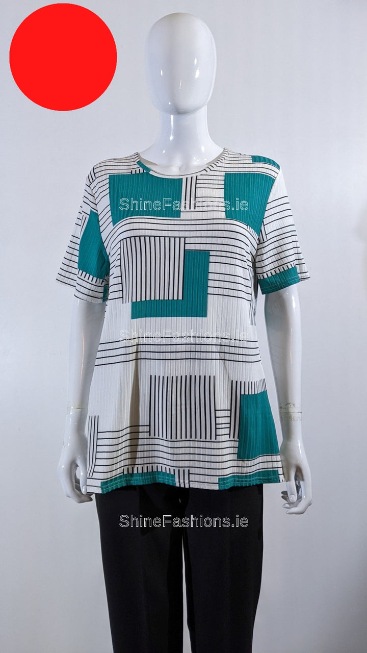 Teal Block Pattern Stripe Short Sleeve Top