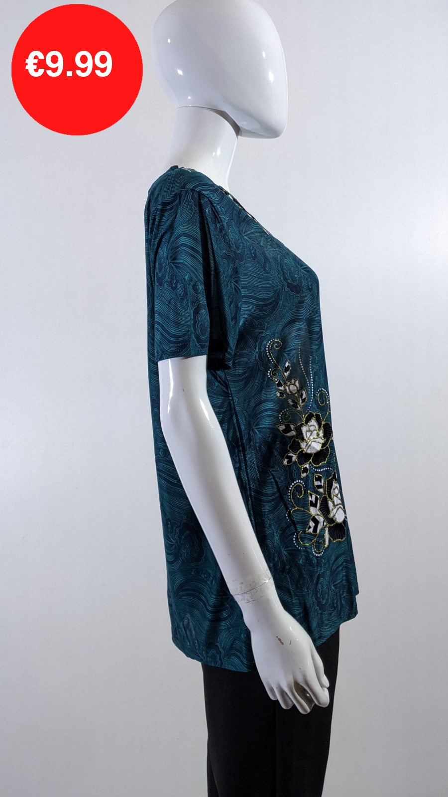 Teal Floral Embroidered Short Sleeve Top