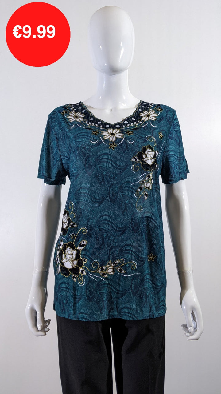 Teal Floral Embroidered Short Sleeve Top