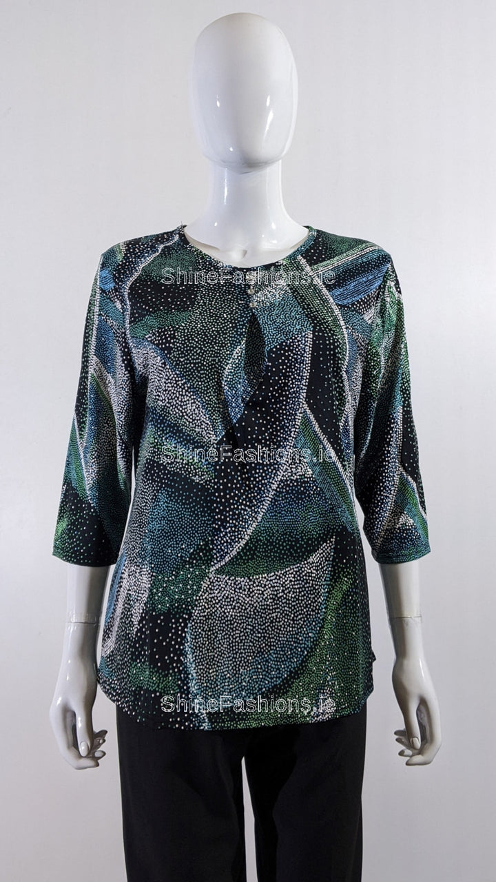 Teal Spotted Pattern Round Neck Blouse Top