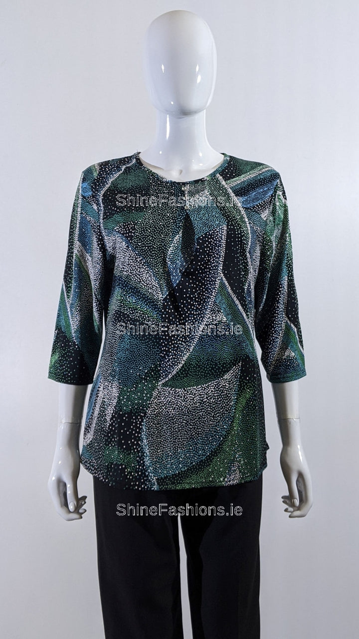 Teal Spotted Pattern Round Neck Blouse Top