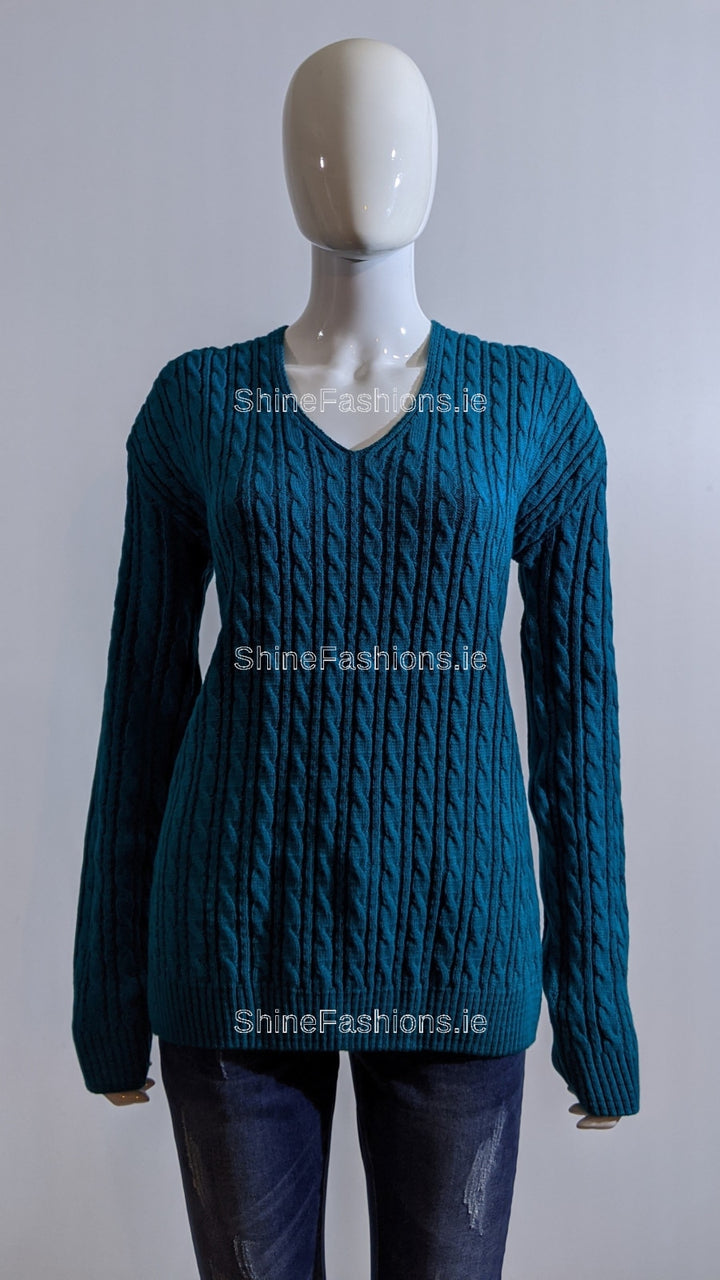 Teal V-Neck Cable Knit Jumper