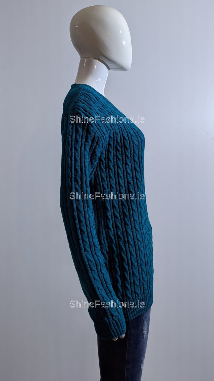 Teal V-Neck Cable Knit Jumper