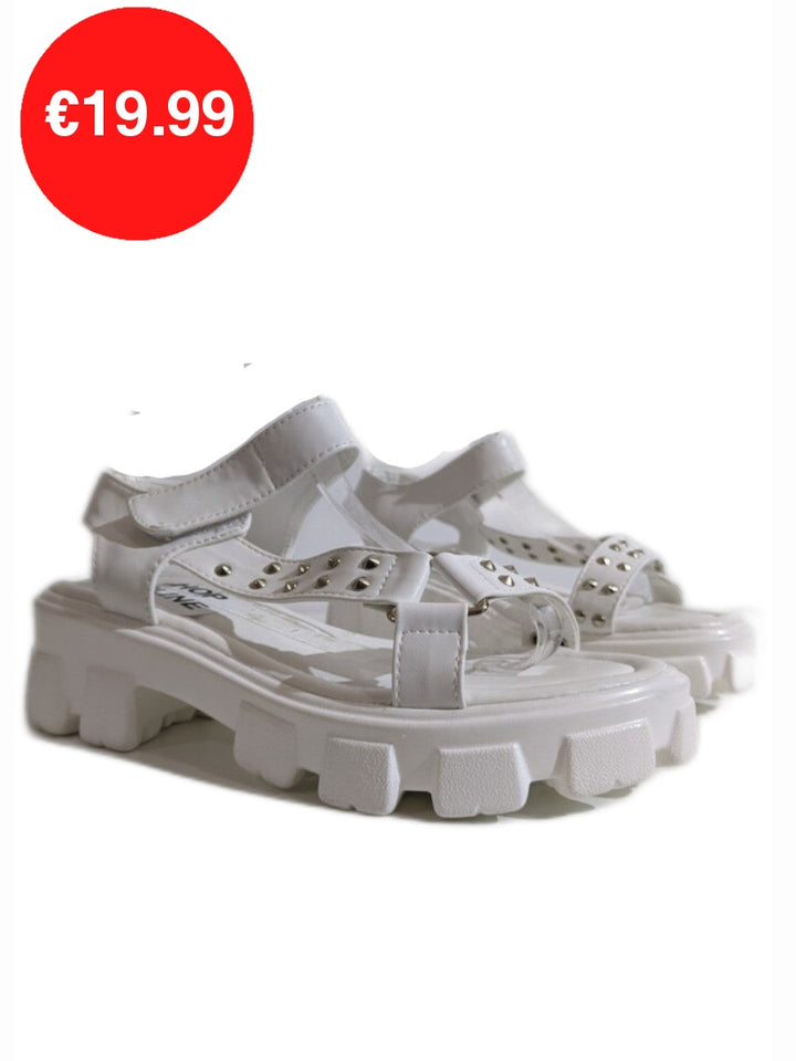 White Chunky Platform Track Sole Studded Sandals