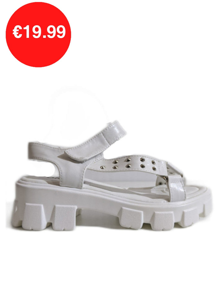 White Chunky Platform Track Sole Studded Sandals