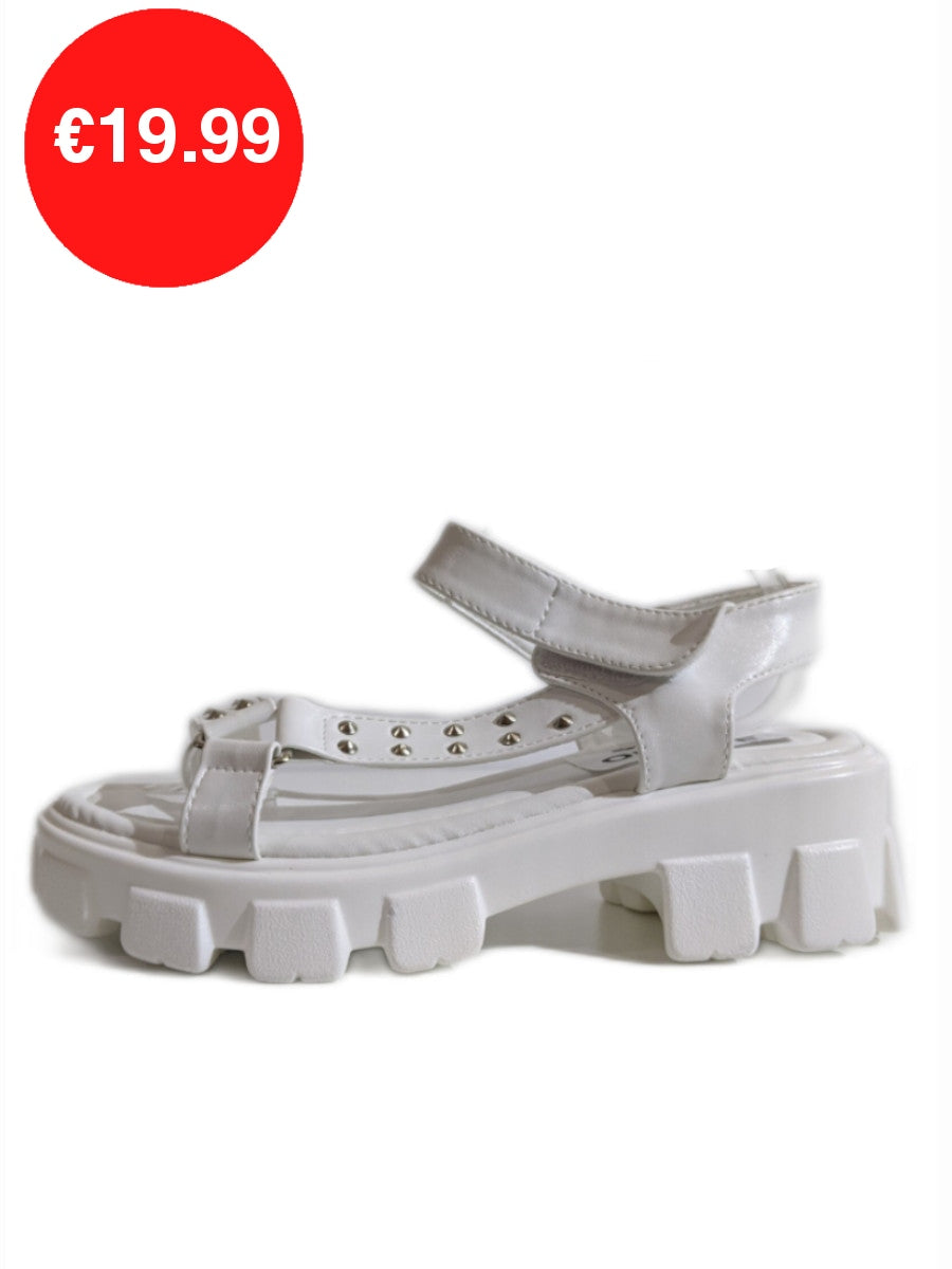 White Chunky Platform Track Sole Studded Sandals