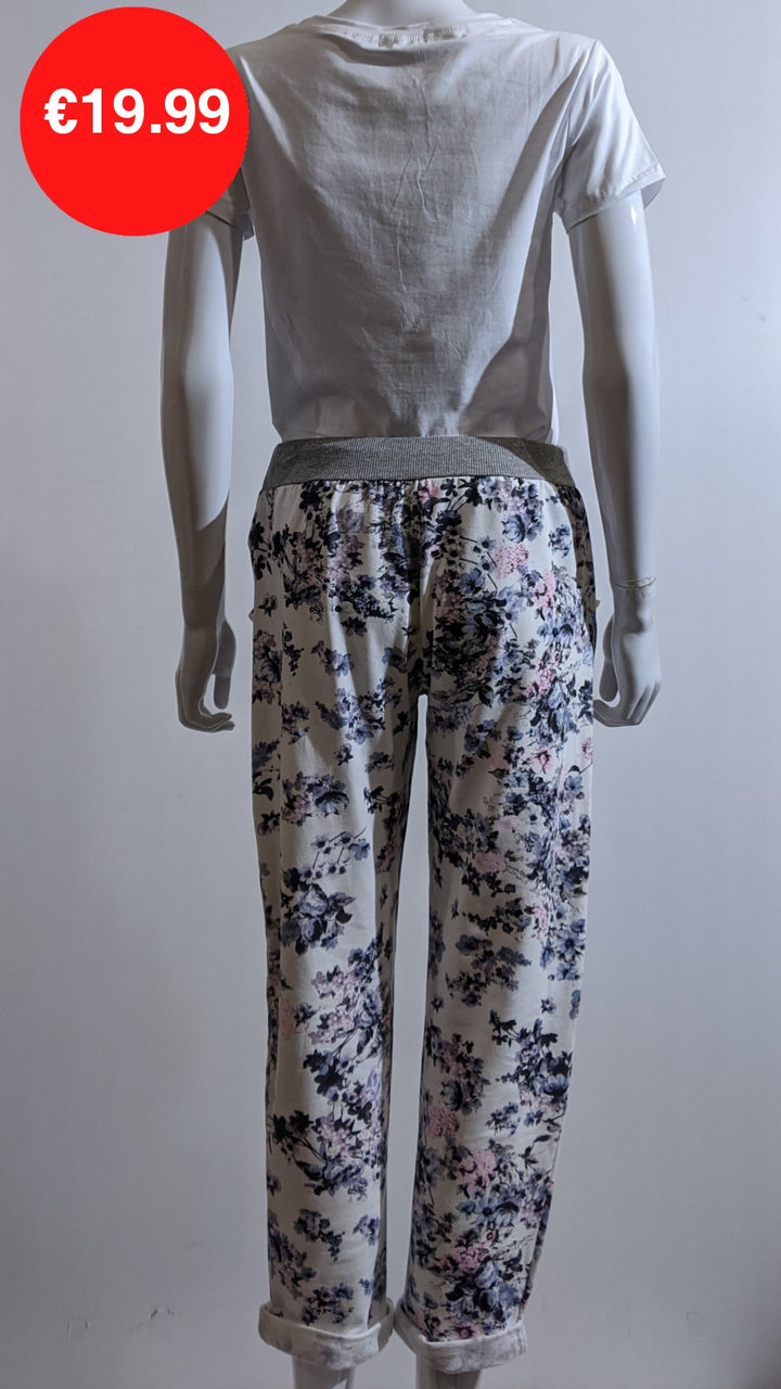 White Navy Floral Print Trouser