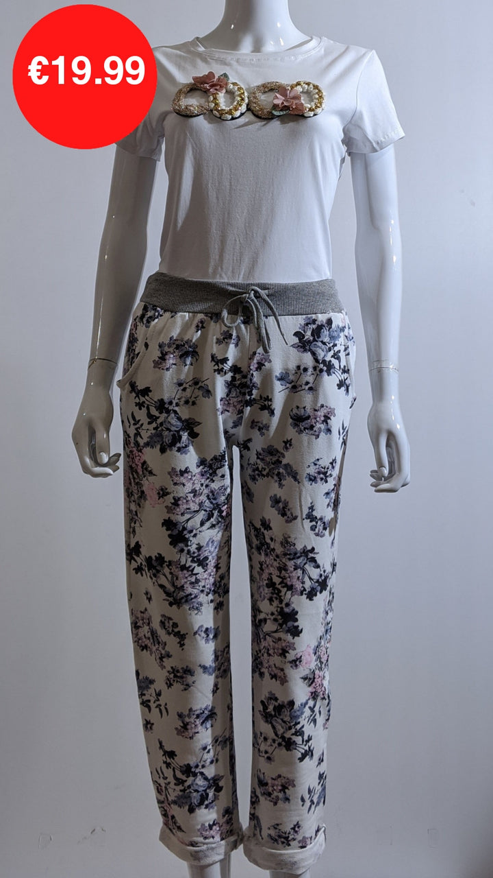 White Navy Floral Print Trouser