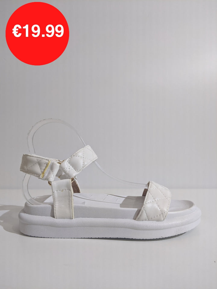 White Quilted Velcro Strap Chunky Platform Sandal