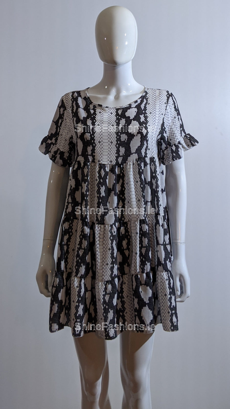 White Snake Print Pattern Tiered Smock Dress