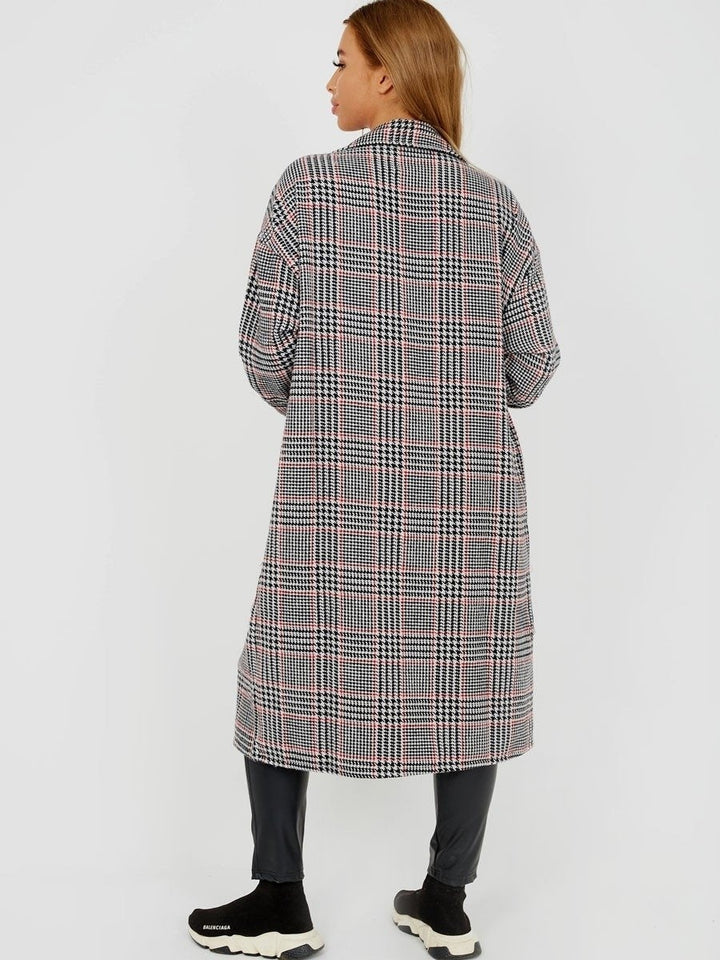 White Wool Blend Long Check Shacket Coat