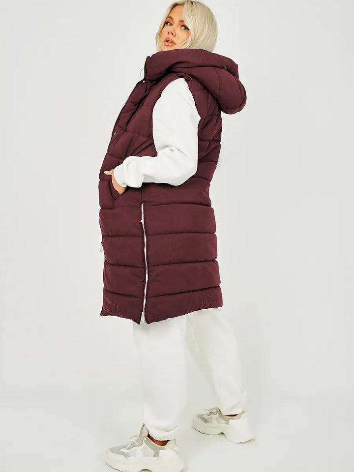 Wine Longline Padded Puffer Hooded Waistcoat Gilet