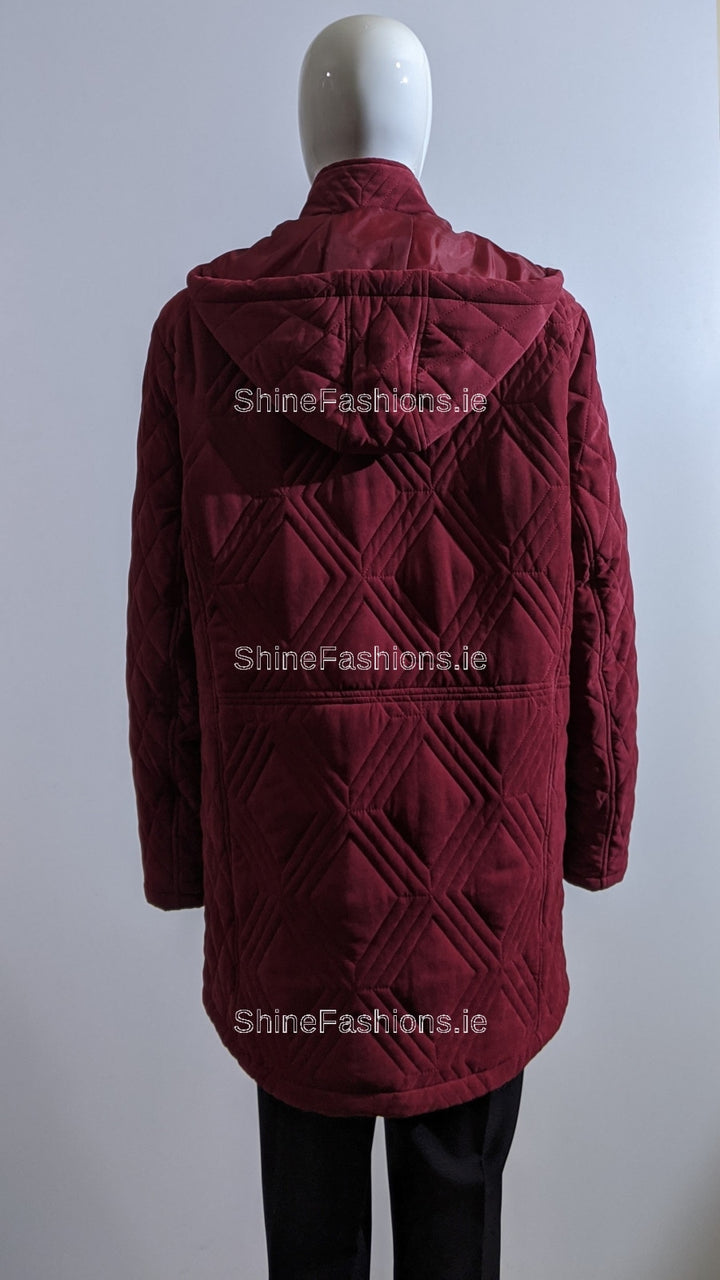 Wine Soft Touch Quilted Hooded Long Coat